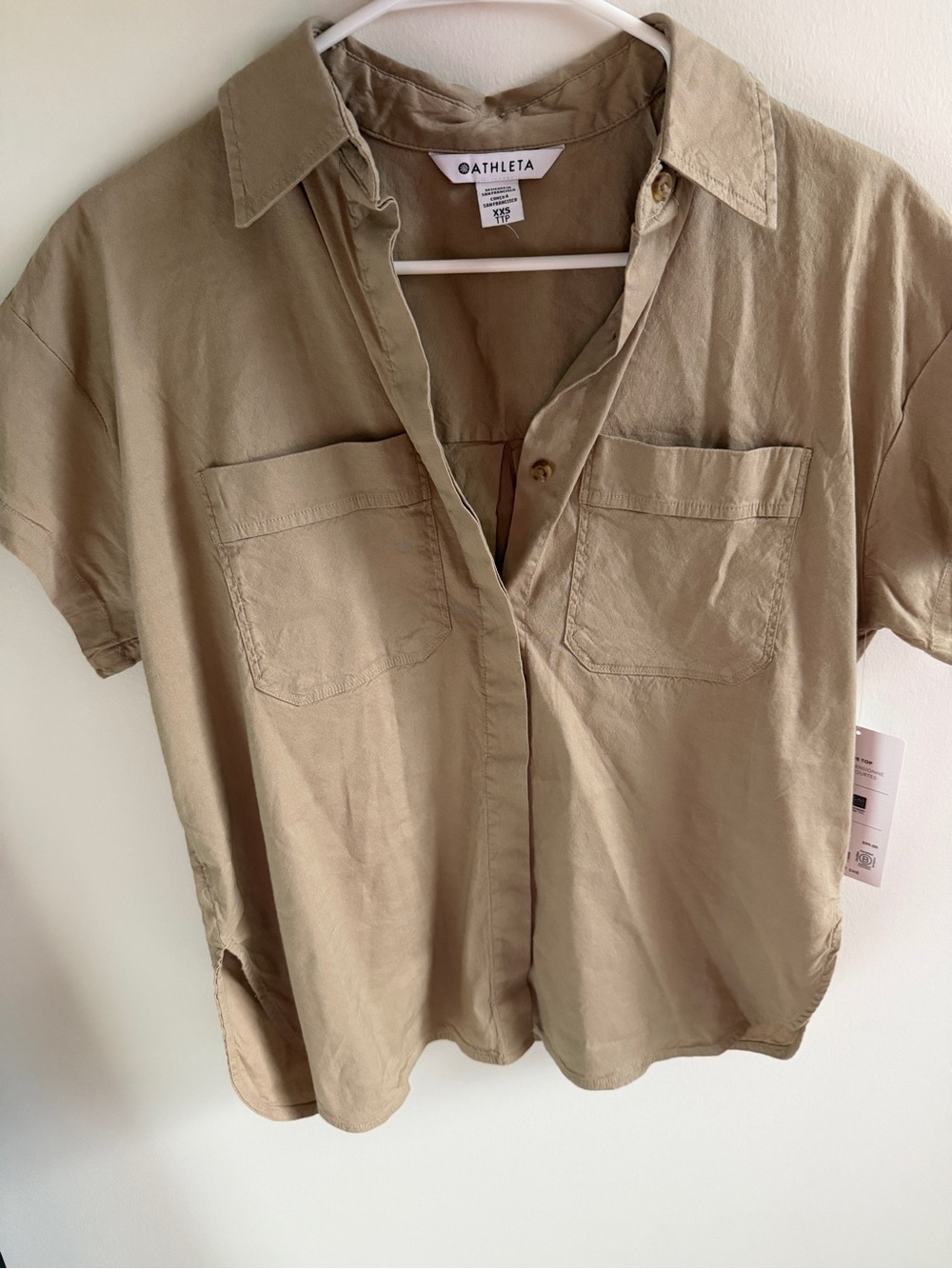 Athleta Short-Sleeve Button Front Pocket Shirt in Tan